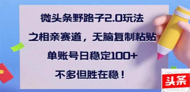 （14334期）微头条野路子2.0玩法之相亲赛道，无脑搬砖复制粘贴，单账号日稳定300+…-低成本创业项目大全｜短视频带货+AI副业变现｜知行创业网