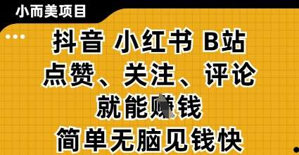 小而美的项目，抖音小红书B站视频点赞、关注、评论就能挣钱，简单无脑立见收益，妥妥的零撸项目【揭秘】-低成本创业项目大全｜短视频带货+AI副业变现｜知行创业网