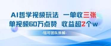AI哲学视频新玩法 一单398元-单条视频60W点赞收益过W-低成本创业项目大全｜短视频带货+AI副业变现｜知行创业网