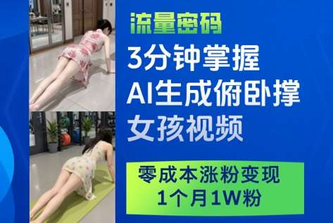 3分钟掌握AI生成俯卧撑女孩视频，零成本涨粉变现，1个月1W粉-低成本创业项目大全｜短视频带货+AI副业变现｜知行创业网