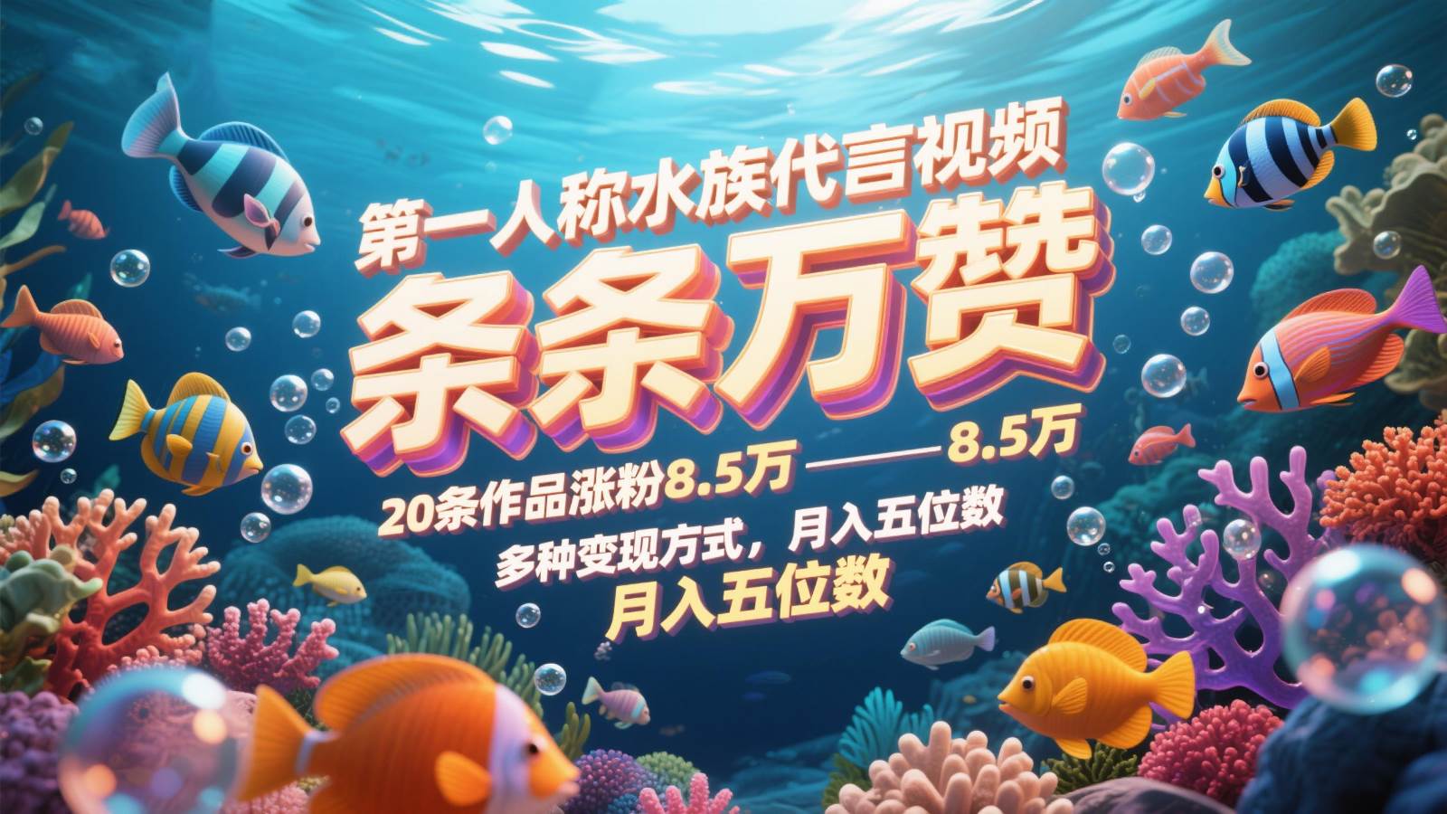 第一人称水族代言视频，条条万赞，20条作品涨粉8.5万，多种变现方式月，入五位数-低成本创业项目大全｜短视频带货+AI副业变现｜知行创业网