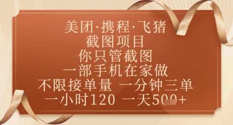 飞猪美团截图项目，你只管截图，一部手机在家做，正规平台无套路，一天5张+【揭秘】-低成本创业项目大全｜短视频带货+AI副业变现｜知行创业网