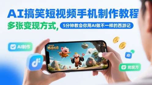 AI搞笑短视频手机制作教程，多张变现方式，5分钟教会你用AI做不一样的西游记-低成本创业项目大全｜短视频带货+AI副业变现｜知行创业网