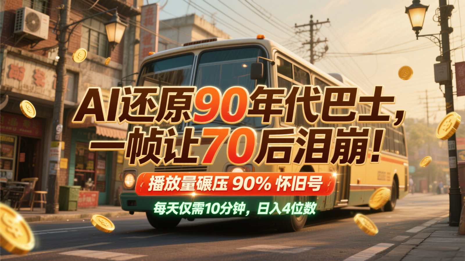 AI还原90年代巴士，一帧让70后泪崩！播放量碾压90%怀旧号，每天10分钟，日入4位数-低成本创业项目大全｜短视频带货+AI副业变现｜知行创业网