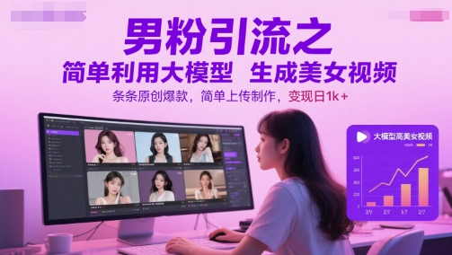 男粉引流之简单利用大模型生成美女视频，条条原创爆款，简单上传制作，变现日1k+-低成本创业项目大全｜短视频带货+AI副业变现｜知行创业网