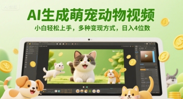 AI生成萌宠动物视频，小白轻松上手，多种变现方式，日入4位数-低成本创业项目大全｜短视频带货+AI副业变现｜知行创业网