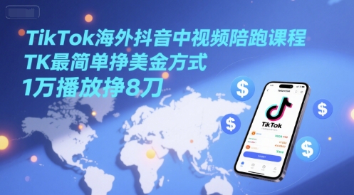 TikTok海外抖音中视频陪跑课程，TK最简单挣美金方式，1万播放挣8刀-低成本创业项目大全｜短视频带货+AI副业变现｜知行创业网