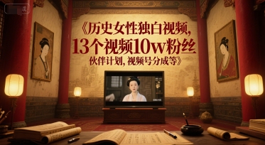 历史女性独白视频，13个视频10w粉丝，伙伴计划，视频号分成等-低成本创业项目大全｜短视频带货+AI副业变现｜知行创业网