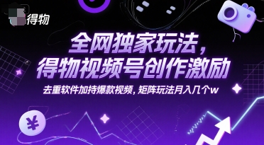 全网独家玩法，得物视频号创作激励 去重软件加持爆款视频，矩阵玩法月入几个w【揭秘】-低成本创业项目大全｜短视频带货+AI副业变现｜知行创业网
