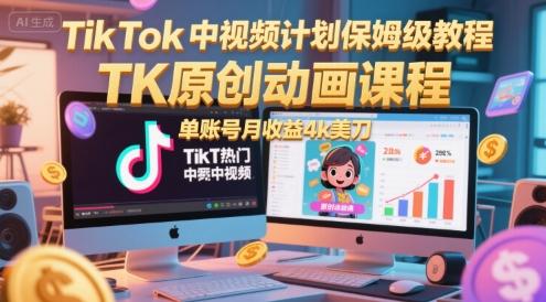 TikTok中视频计划保姆级教程，TK原创动画课程，单账号月收益4k美刀-低成本创业项目大全｜短视频带货+AI副业变现｜知行创业网