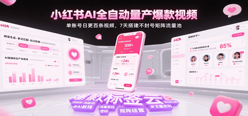 小红书AI全自动量产爆款视频，单账号日更百条视频，7天搭建不封号矩阵流量池-低成本创业项目大全｜短视频带货+AI副业变现｜知行创业网