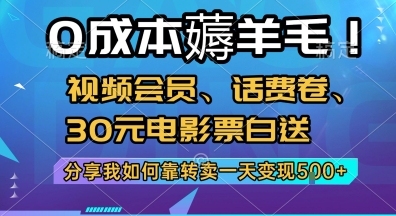 0成本薅羊毛!视频会员、话费卷、30元电影票白送，分享我如何靠转卖一天变现5张+【揭秘】-低成本创业项目大全｜短视频带货+AI副业变现｜知行创业网