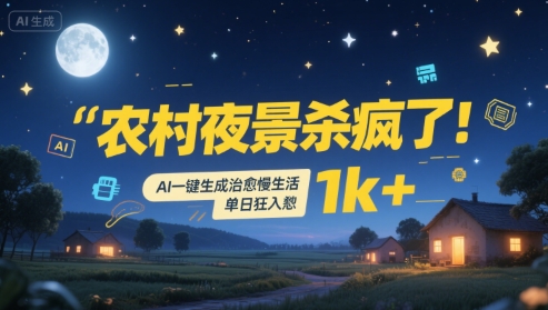 农村夜景杀疯了！AI一键生成治愈系慢生活，单日狂入1k+-低成本创业项目大全｜短视频带货+AI副业变现｜知行创业网