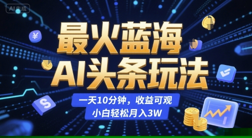 最火蓝海AI头条玩法，一天10分钟，收益可观，小白轻松月入3W【揭秘】-低成本创业项目大全｜短视频带货+AI副业变现｜知行创业网