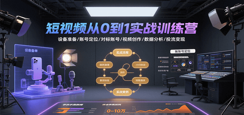 短视频从0到1实战训练营：设备准备/账号定位/对标账号/视频创作/数据分析/投流变现-低成本创业项目大全｜短视频带货+AI副业变现｜知行创业网
