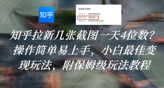 知乎拉新几张截图一天4位数？操作简单易上手，小白最佳变现玩法，附保姆级玩法教程-低成本创业项目大全｜短视频带货+AI副业变现｜知行创业网