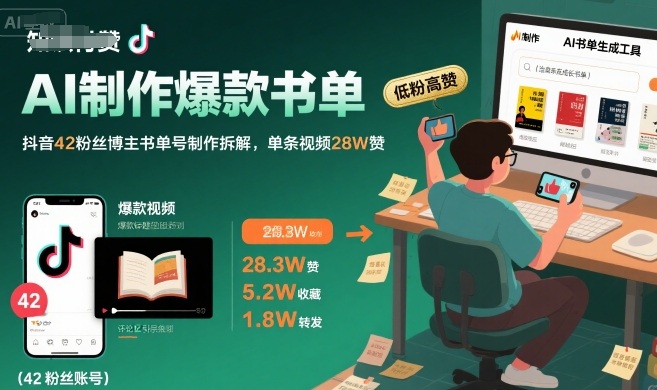AI制作爆款书单，抖音42粉丝博主书单号制作拆解，单条视频28W赞-低成本创业项目大全｜短视频带货+AI副业变现｜知行创业网