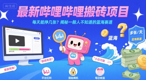 最新哔哩哔哩上B站搬砖项目，每天能挣几张？揭秘一般人不知道的蓝海赛道-低成本创业项目大全｜短视频带货+AI副业变现｜知行创业网