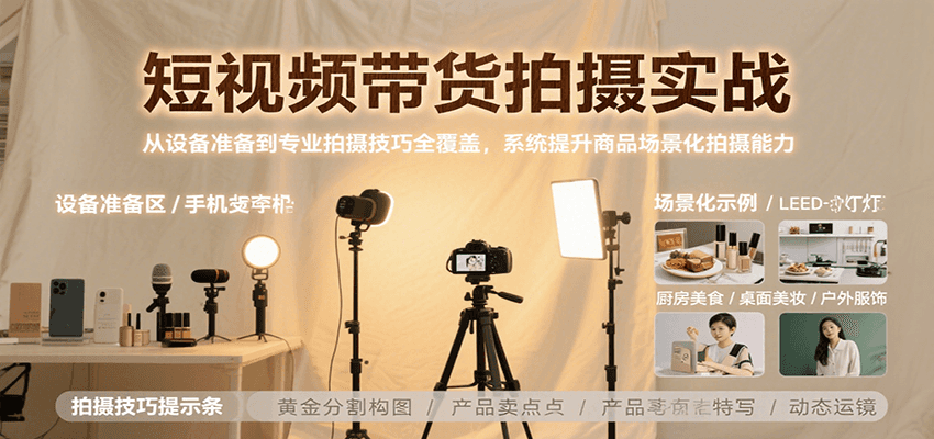 短视频带货拍摄实战，从设备准备到专业拍摄技巧全覆盖，系统提升商品场景化拍摄能力-低成本创业项目大全｜短视频带货+AI副业变现｜知行创业网