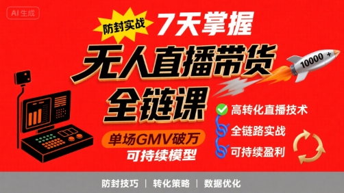 无人直播带货全链防封实战课，7天掌握高转化直播技术，实现单场GMV破万可持续模型-低成本创业项目大全｜短视频带货+AI副业变现｜知行创业网