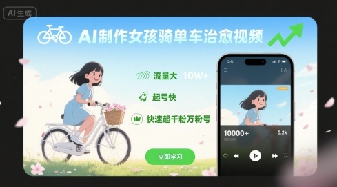 AI制作女孩骑单车治愈视频,流量大,起号快,快速起千粉万粉号-低成本创业项目大全|短视频带货+AI副业变现|知行创业网