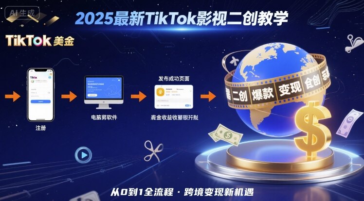 2025年最新TikTok影视二创教学，从注册到发布撸美金全流程，跨境变现新机遇-低成本创业项目大全｜短视频带货+AI副业变现｜知行创业网
