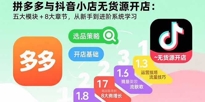 （15805期）拼多多与抖音小店无货源开店：五大模块+8大章节，从新手到进阶系统学习-低成本创业项目大全｜短视频带货+AI副业变现｜知行创业网
