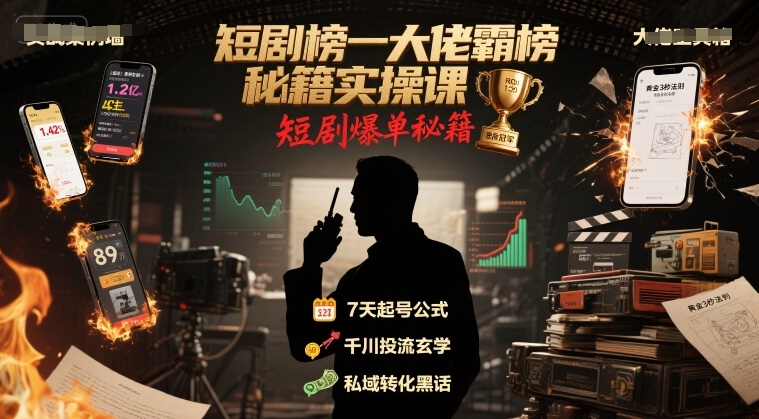 短剧榜一大佬霸榜秘籍实操课，短剧爆单秘籍-低成本创业项目大全｜短视频带货+AI副业变现｜知行创业网
