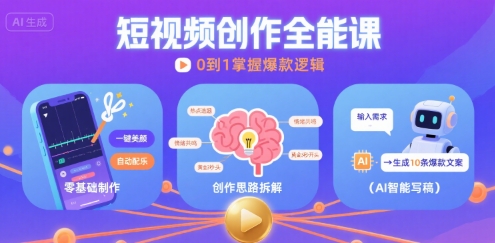 短视频创作课，短视频制作、创作思路、Ai写爆款文案-低成本创业项目大全｜短视频带货+AI副业变现｜知行创业网