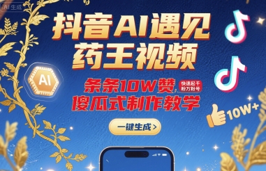 抖音AI遇见药王视频，条条10W赞，快速起千粉万粉号，傻瓜式制作教学-低成本创业项目大全｜短视频带货+AI副业变现｜知行创业网