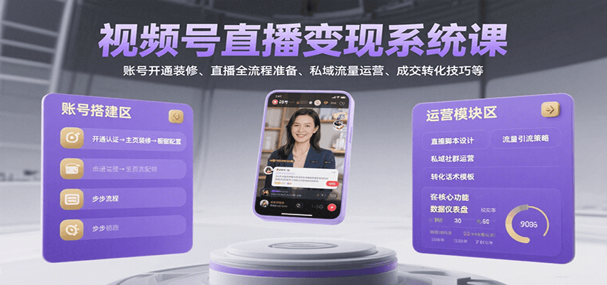 视频号直播变现系统课，账号开通装修、直播全流程准备、私域流量运营、成交转化技巧等-低成本创业项目大全｜短视频带货+AI副业变现｜知行创业网