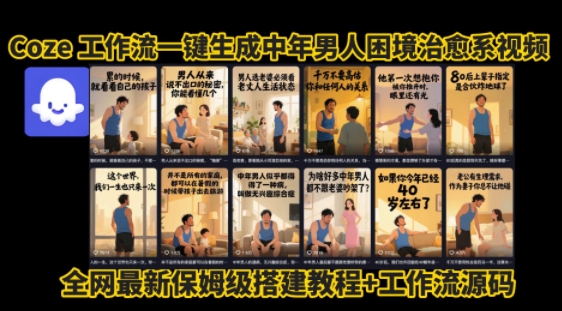 coze工作流一键生成”中年男人困境扎心高涨粉高播放量图文视频”保姆级拆解教程，无需剪辑，无需拍摄写文案-低成本创业项目大全｜短视频带货+AI副业变现｜知行创业网