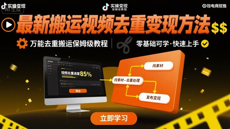 最新搬运视频去重变现方法，万能去重搬运保姆级教程-低成本创业项目大全｜短视频带货+AI副业变现｜知行创业网