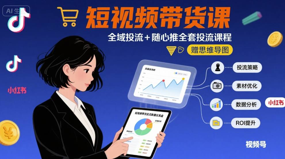 最新短视频带货课，全域投流+随心推全套投流课程+思维导图-低成本创业项目大全｜短视频带货+AI副业变现｜知行创业网