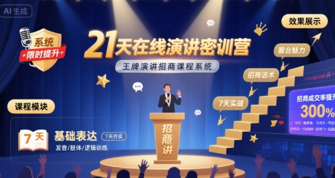 21天在线演讲密训营，王牌演讲招商课程系统-低成本创业项目大全｜短视频带货+AI副业变现｜知行创业网