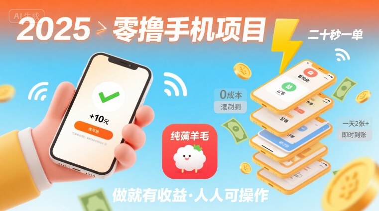2025年零撸手机项目，二十秒一单，纯薅羊毛 一天2张+做就有-低成本创业项目大全｜短视频带货+AI副业变现｜知行创业网