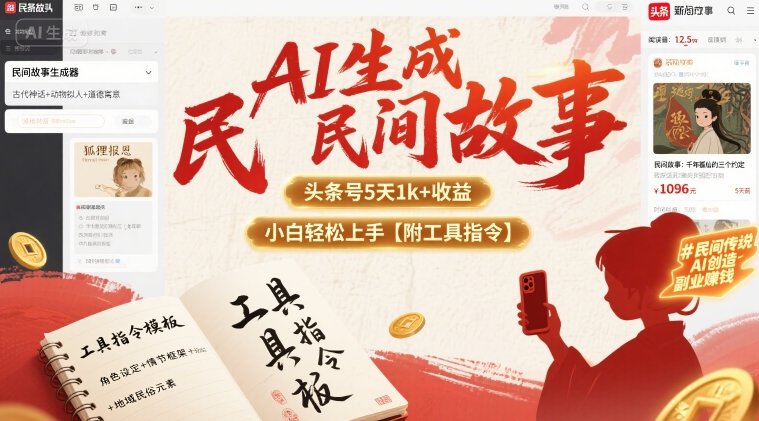 AI生成民间故事，头条号5天1k+，小白轻松上手【附工具指令】-低成本创业项目大全｜短视频带货+AI副业变现｜知行创业网
