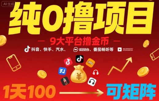 纯0撸项目，9大平台撸金币，抖音，快手，汽水，番茄畅听等，1天100，可矩阵-低成本创业项目大全｜短视频带货+AI副业变现｜知行创业网
