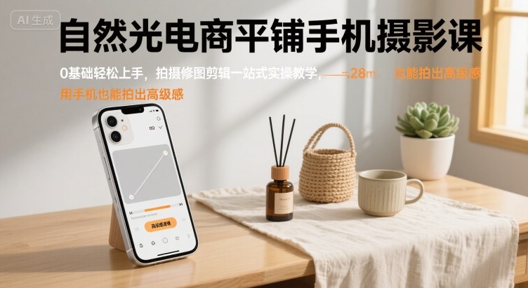 自然光电商平铺手机摄影课，0基础轻松上手，拍摄修图剪辑一站式实操教学，用手机也能拍出高级感-低成本创业项目大全｜短视频带货+AI副业变现｜知行创业网
