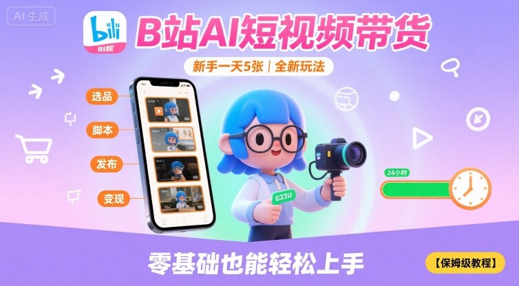 B站AI短视频带货，新手一天5张，全新玩法【保姆级教程】-低成本创业项目大全｜短视频带货+AI副业变现｜知行创业网