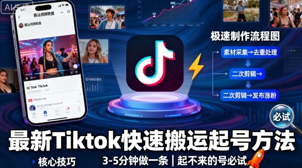 最新Tiktok快速搬运快速起号方法，3-5分钟做一条，起不来的号可以试试-低成本创业项目大全｜短视频带货+AI副业变现｜知行创业网
