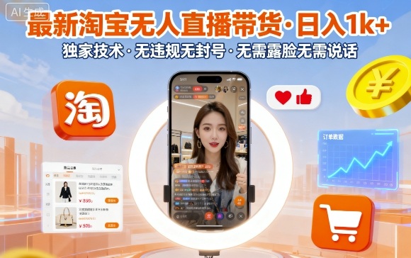 最新淘宝无人直播带货，日入1k+，独家技术，无违规无封号，无需露脸无需说话【揭秘】-低成本创业项目大全｜短视频带货+AI副业变现｜知行创业网