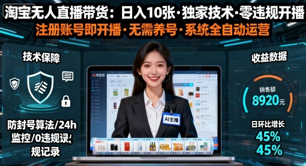 【最新】淘宝无人直播带货，日入10张，独家技术，无违规无封号，注册账号直接开播，不用养号【揭秘】-低成本创业项目大全｜短视频带货+AI副业变现｜知行创业网