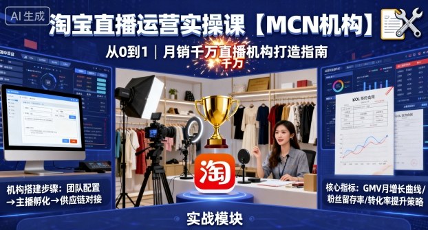 淘宝直播运营实操课【MCN机构】，从0到1做一家月销千W的直播机构-低成本创业项目大全｜短视频带货+AI副业变现｜知行创业网