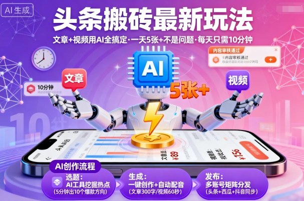 头条搬砖最新玩法，文章+视频用AI全搞定，一天5张+不是问题，每天只需10分钟-低成本创业项目大全｜短视频带货+AI副业变现｜知行创业网
