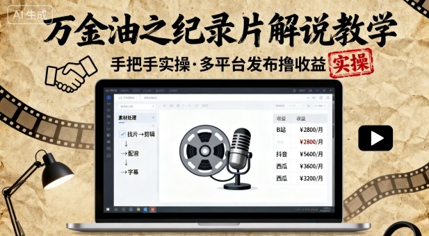 万金油之纪录片解说教学，手把手教你，完全实操，多平台发布撸收益-低成本创业项目大全｜短视频带货+AI副业变现｜知行创业网