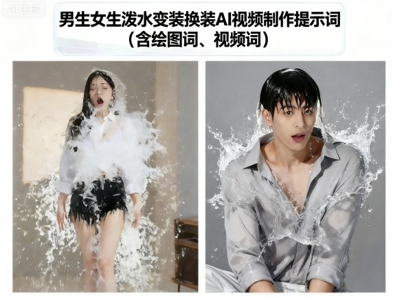 男生女生泼水变装换装AI视频制作提示词(含绘图词、视频词)-低成本创业项目大全｜短视频带货+AI副业变现｜知行创业网