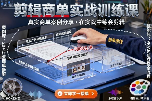 剪辑商单实战训练课，真实商单案例分享，在实战中练会剪辑-低成本创业项目大全｜短视频带货+AI副业变现｜知行创业网