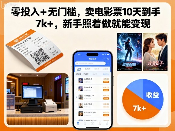 零投入+无门槛，卖电影票10天到手7k+，新手照着做就能变现【揭秘】-低成本创业项目大全｜短视频带货+AI副业变现｜知行创业网