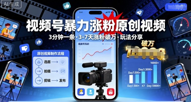视频号暴力涨粉原创视频，3分钟一条原创视频，3-7天涨粉破万，玩法分享给你-低成本创业项目大全｜短视频带货+AI副业变现｜知行创业网
